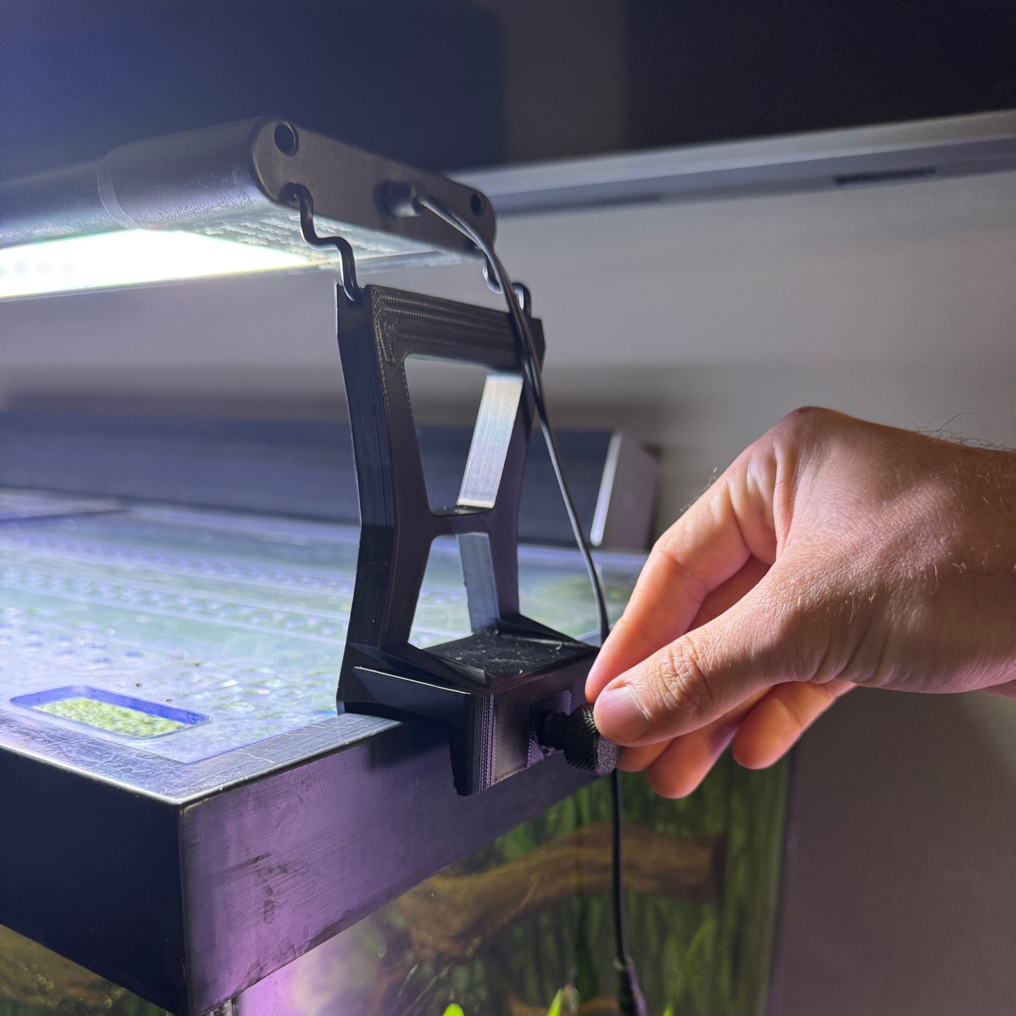 Hand adjusting a light fixture on an aquarium with plants visible