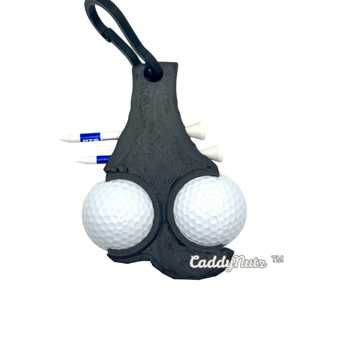 Golf ball holder with two golf balls and a marker on a white background