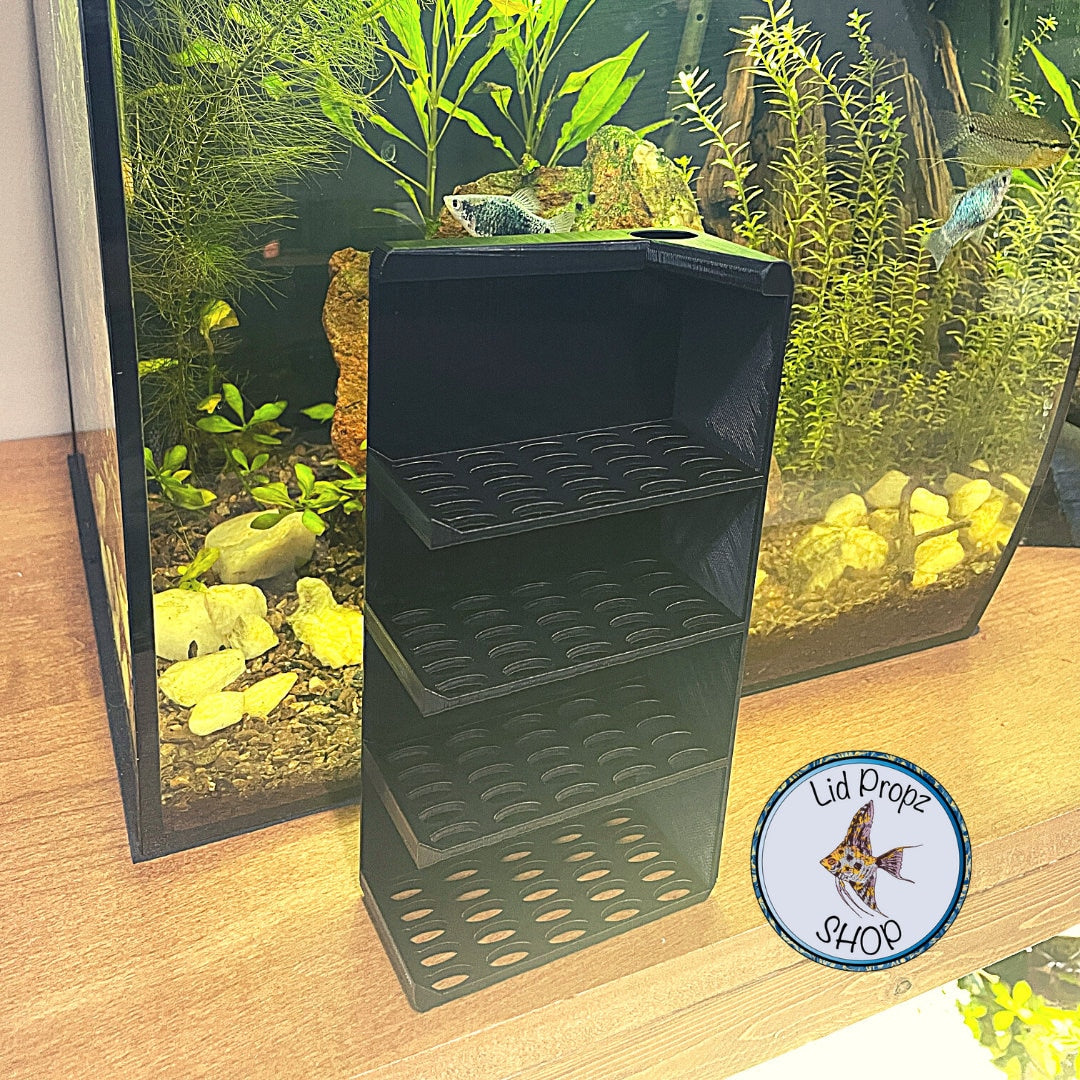 Durable custom media rack for Fluval Flex tanks, designed to organize mechanical, biological, and chemical filtration