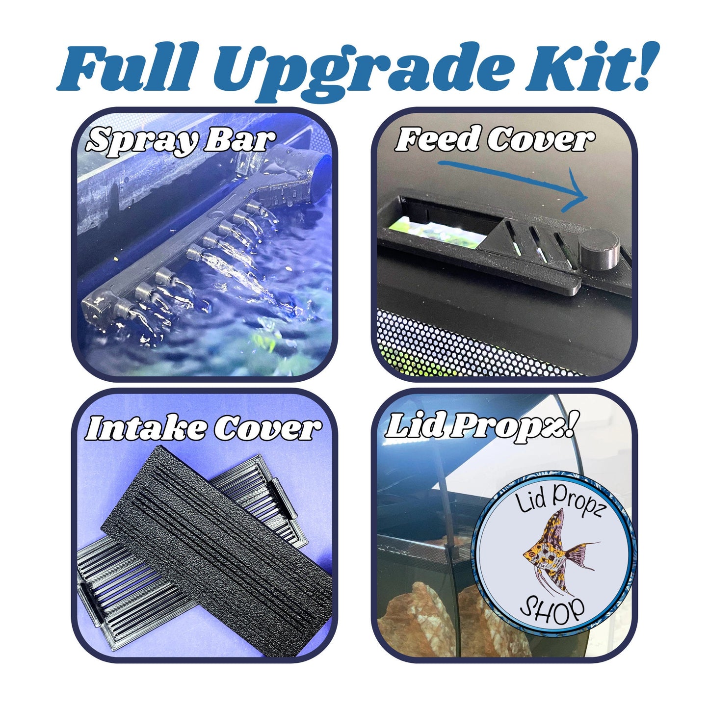 Full aquarium upgrade kit.  Close-up product shots show a black spray bar with water jets, a black feed cover with a sliding door, a black intake cover with a filter, and a black lid prop.  The text &#39;Lid Propz! Shop&#39; is visible on a round logo.  The overall theme is aquarium accessories and upgrades. Fluval Flex upgrade kit components laid out: intake covers, feed hole cover, spray bar, and lid propz. Designed to improve safety and flow.