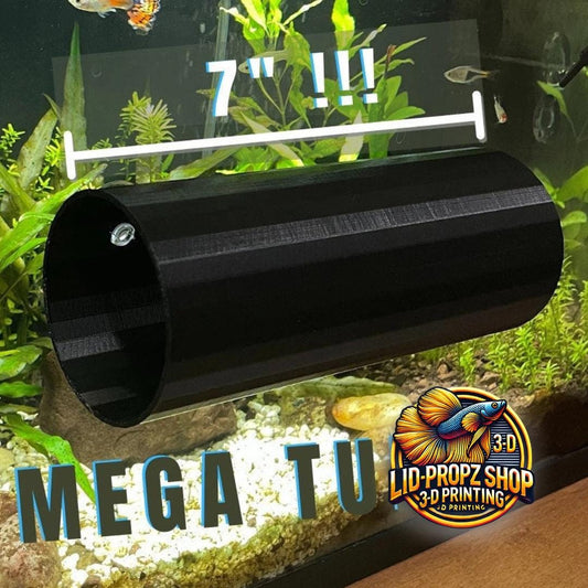 Large axolotl hideout tube resting in tank with suction cups securing it in place. Wide enough for full-grown axolotl to enter comfortably.
