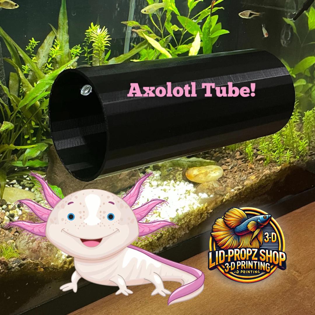Axolotl lounging inside an 8&quot; x 4&quot; hideout tube secured to glass tank wall. Tube provides shade, security, and stress-free rest area.