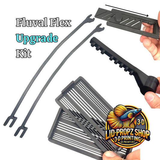 Fluval Flex, BEST Upgrade Kit, Spray Bar, Aquarium Hood Props, Shrimp Intake Covers, and Sliding Feed Hole Cover. Back Or White
